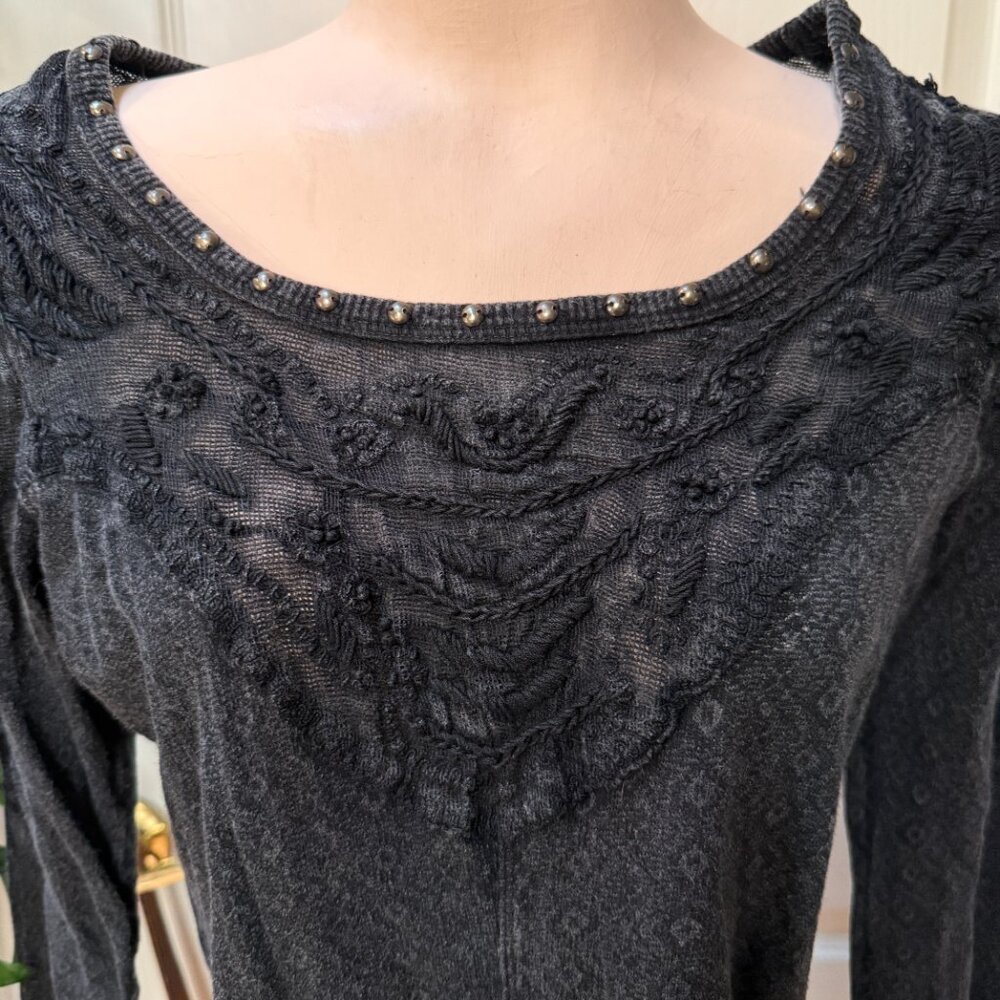 Free People Black Embroidered Lace Jacquard Love Sleeve Top M - Picture 2 of 8